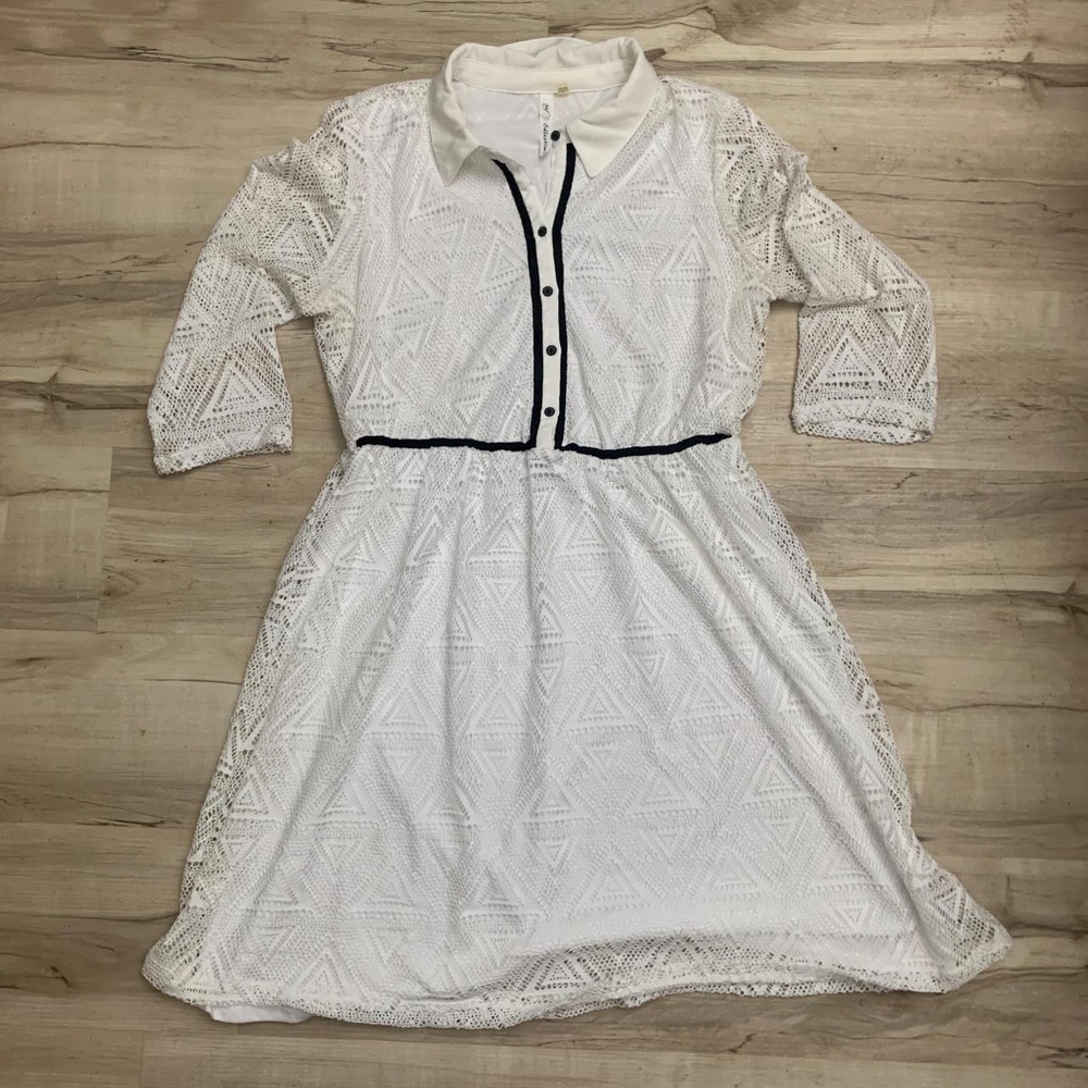 NY Collection Women White Lace Midi Dress Black Trim Button Front Size Large